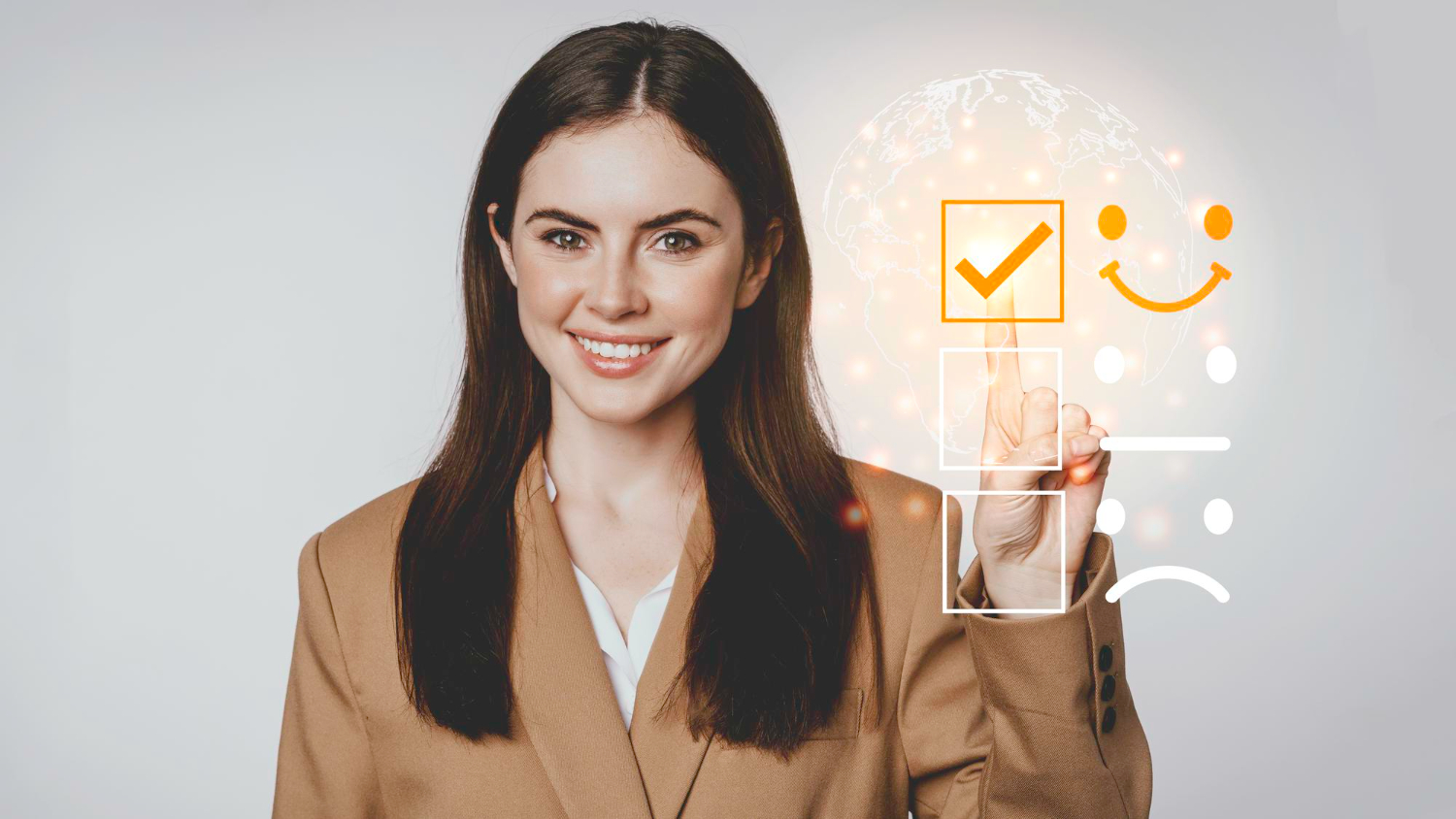 young business woman checking on satisfaction checklist box copy space