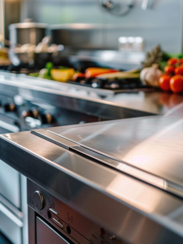 A stainless steel counter top displaying a variety of fresh vegetables. Perfect for use in culinary websites, cooking blogs, or healthy lifestyle articles