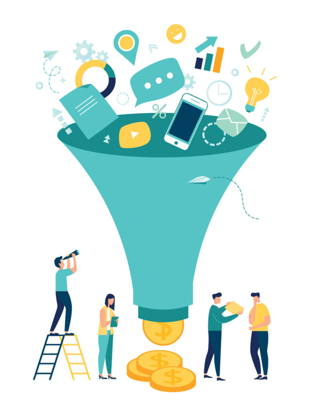 Vector illustration, digital marketing funnel leads generation with customers, marketing, sales generation and optimization