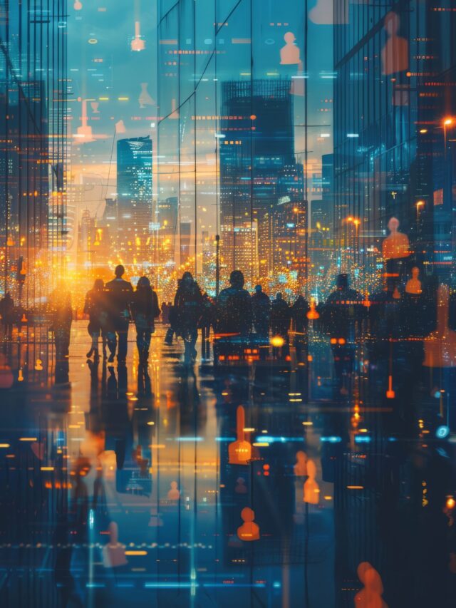 Silhouettes of business people on the background of futuristic city office buildings and skyscrapers with abstract digital pattern. Digital big data technology, business network connection concept.