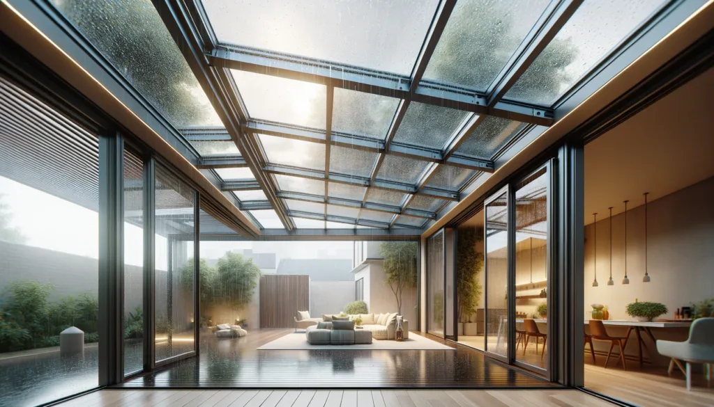 DALL·E 2024 05 03 16.04.43 A retractable roof system in a residential setting shown from an interior perspective. The roof is partially open allowing light to filter through o