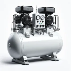 DALL·E 2024 05 03 17.16.16 Realistic image of a large dental air compressor featuring a white cylindrical tank without any branding. The compressor has two high performance mot