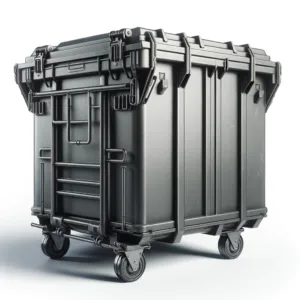 DALL·E 2024 05 09 15.34.05 Highly realistic image of an industrial waste container for use on a company website. The container is made of durable metal with a dark gray finish