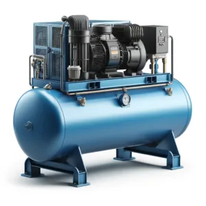 DALL·E 2024 05 10 13.27.47 Realistic image of a blue horizontal air compressor on a white background. The compressor features a long cylindrical tank supported by four blue legs