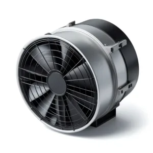 DALL·E 2024 05 31 15.44.23 Realistic image of an air exhaust fan similar to the provided one with a white background. The exhaust fan should have a metallic cylindrical body an