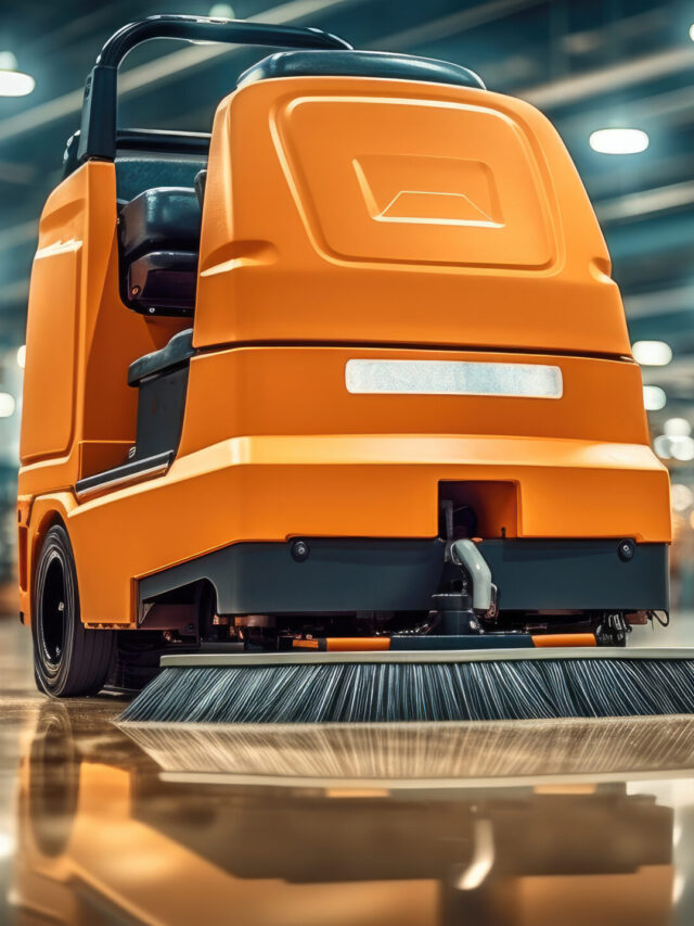 Commercial Floor Cleaner at Warehouse, Intelligent warehouse industrial, Modern high tech innovative warehouse logistics displayed.
