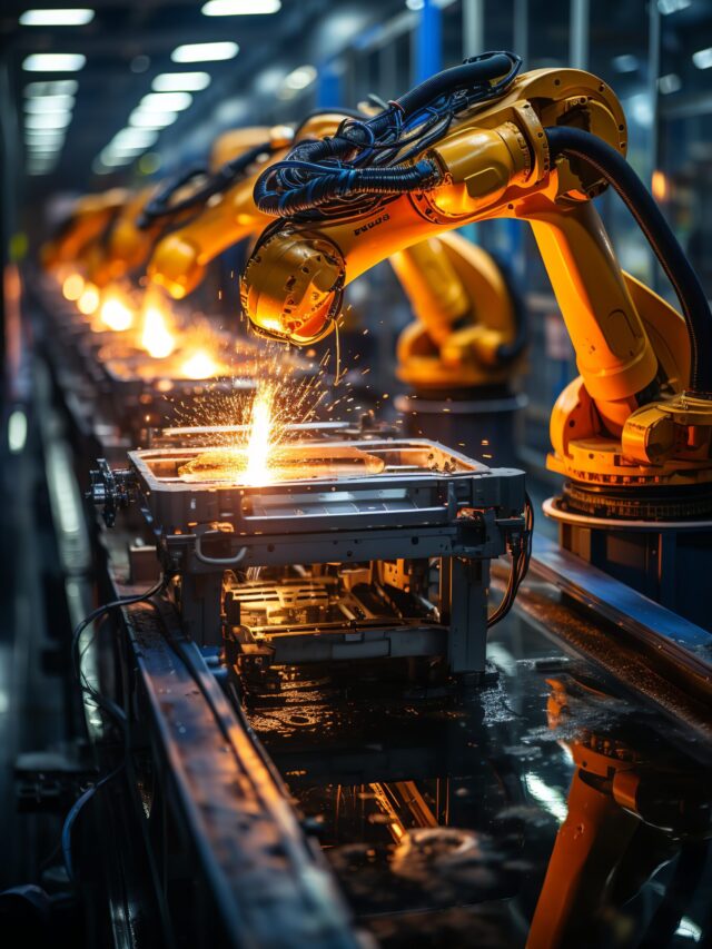 Industrial robot working on assembly line in factory. Smart industry 4.0 concept