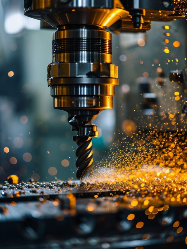 Close-up of CNC machine at work with metal shavings flying