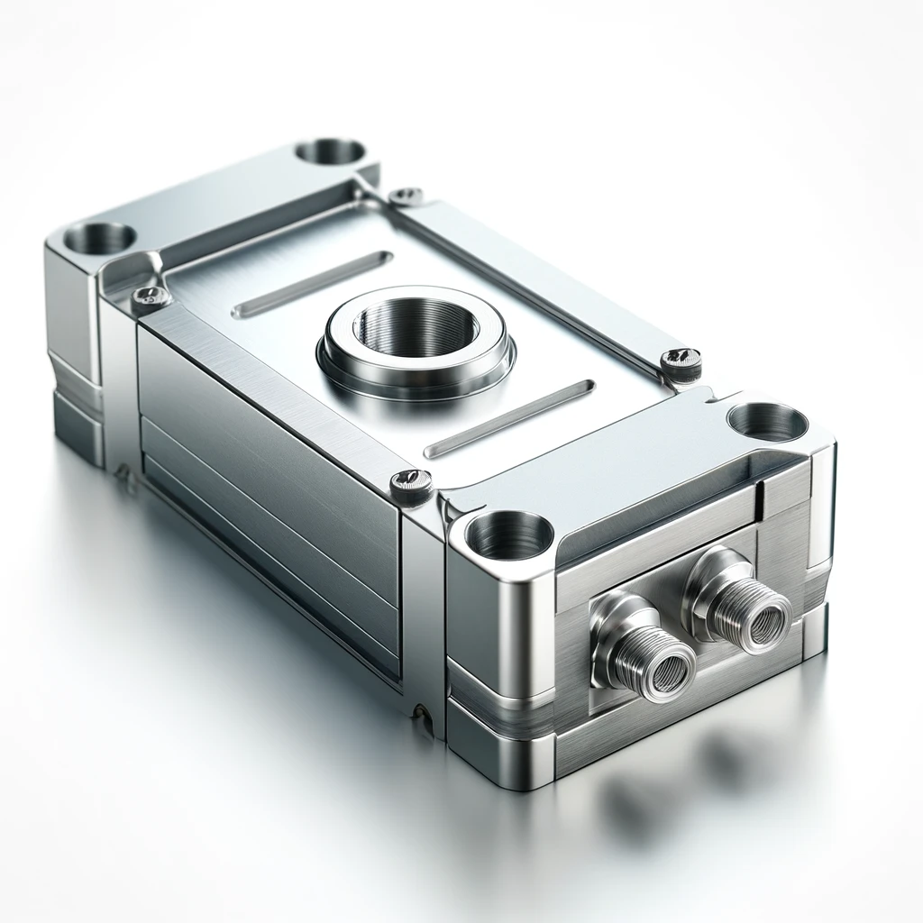 DALL·E 2024 06 03 15.23.27 A realistic load cell on a white background. The load cell is metallic rectangular in shape with mounting holes at each end and a central sensing ele