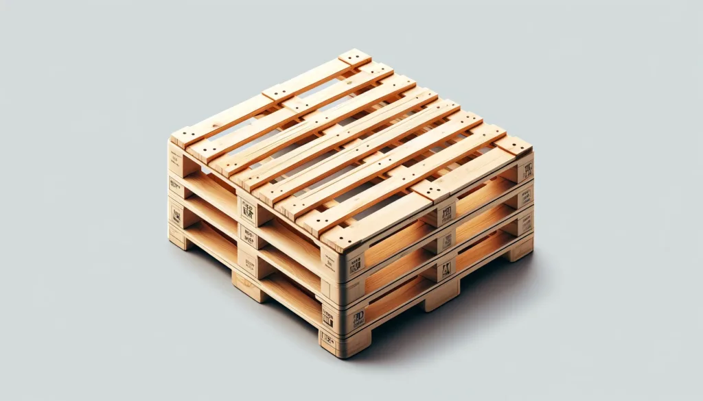 DALL·E 2024 06 04 16.26.45 A detailed image of PBR pallets made of sturdy wood featuring a rectangular shape with standardized dimensions of approximately 1.20m x 1.00m. The to