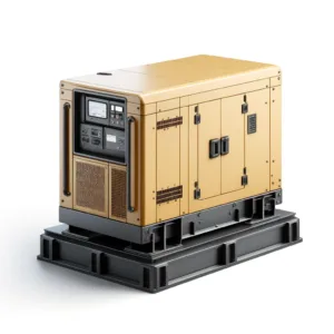 DALL·E 2024 06 07 11.13.14 A realistic image of a continuous power supply generator on a white background. The generator is a medium sized yellow metallic unit with a robust in