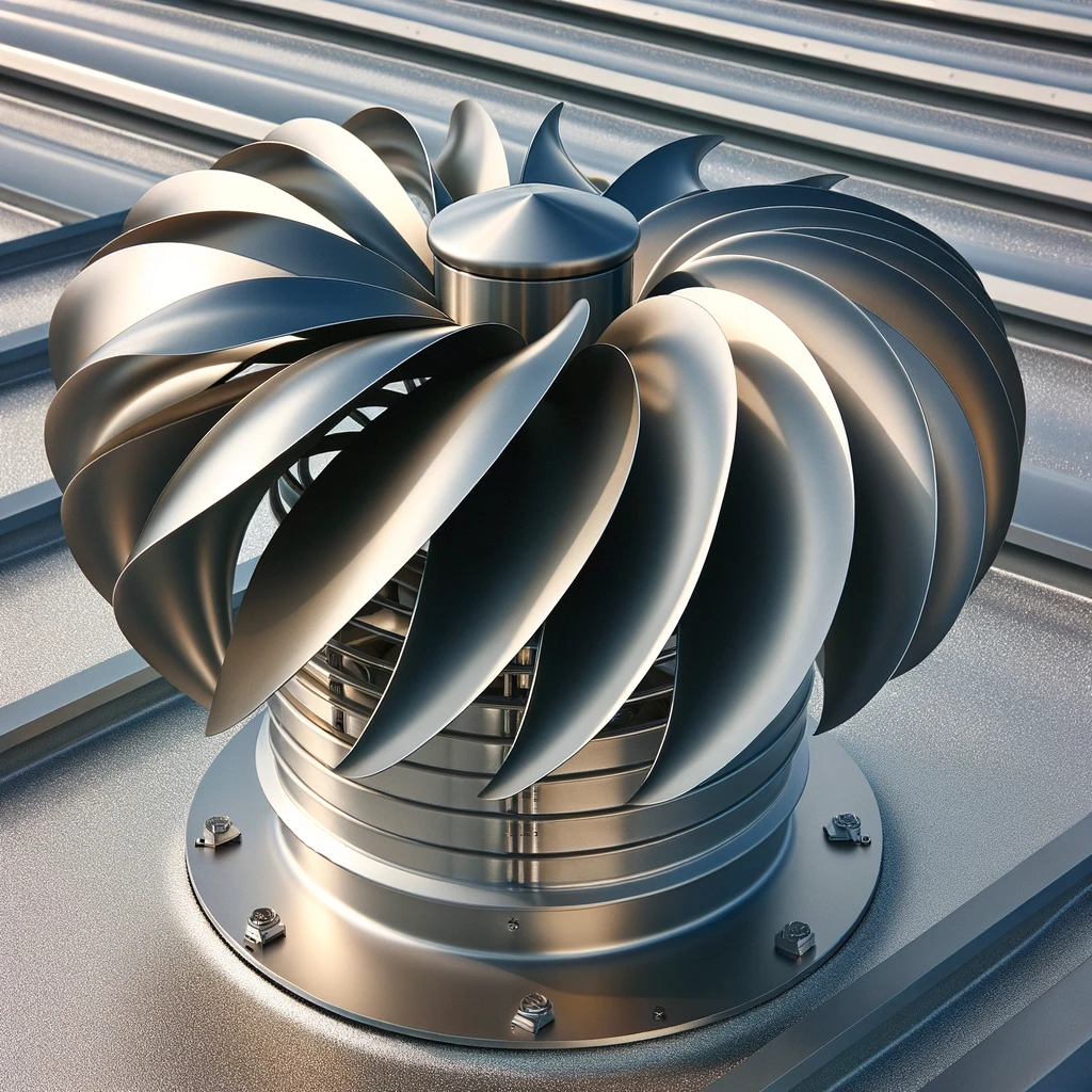 DALL·E 2024 06 12 09.42.04 A detailed image of a wind driven ventilator exaustor eolico installed on a roof. The device has a circular fixed base made of aluminum or stainless