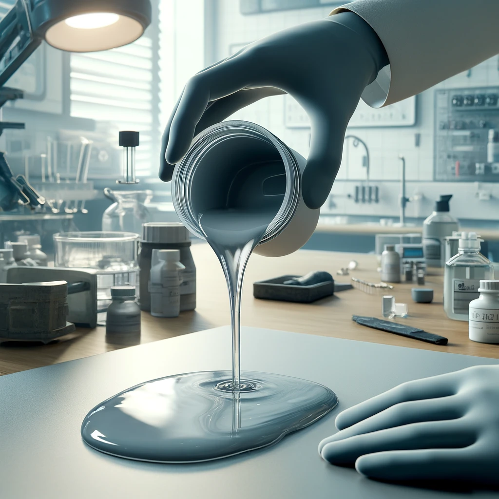 DALL·E 2024 06 12 10.37.55 A realistic image of polyurethane resin being poured in a laboratory setting. The resin is being poured from a small container similar to the one in