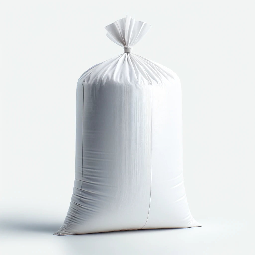 DALL·E 2024 06 12 15.22.40 A single white plastic sack standing upright with a tied top. The sack appears simple and industrial with minimal detailing placed against a plain