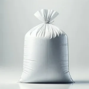 DALL·E 2024 06 12 15.25.38 A single white plastic sack standing upright with a tied top similar to those in the provided image. The sack is placed against a plain white backgro