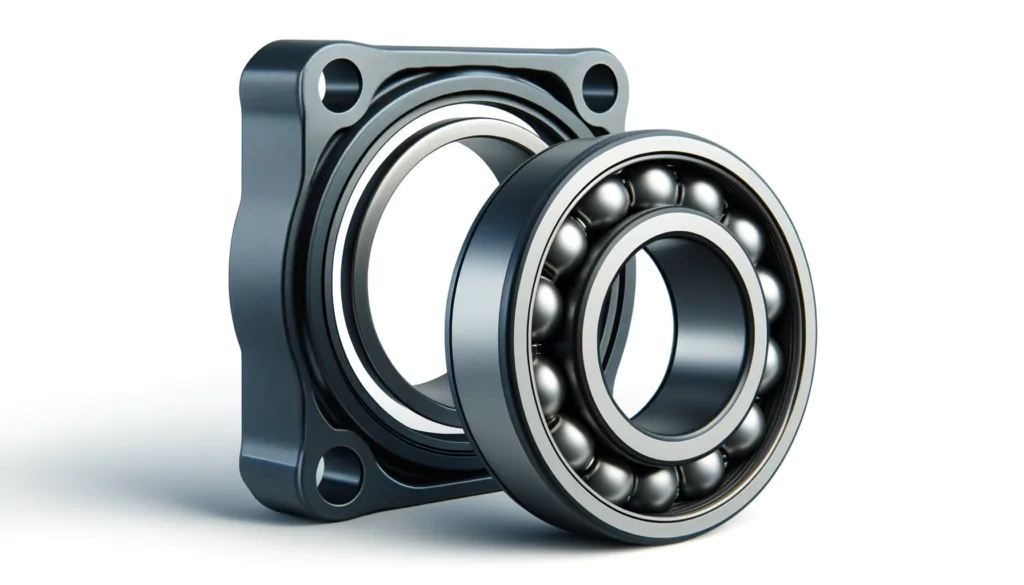 DALL·E 2024 06 12 16.25.54 A realistic depiction of two industrial components a sealing gasket and a bearing housing. The sealing gasket is shown as a circular or ring shaped p