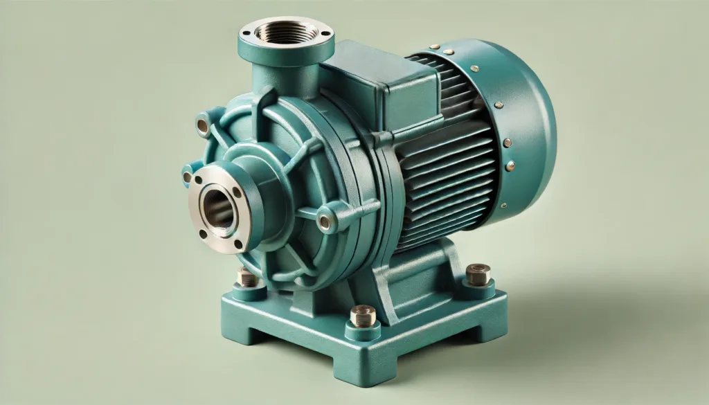 DALL·E 2024 06 17 10.22.13 A simple centrifugal pump with a compact design. The pump has a teal colored sturdy metal body with a cylindrical shape. It features a suction inlet 1 1