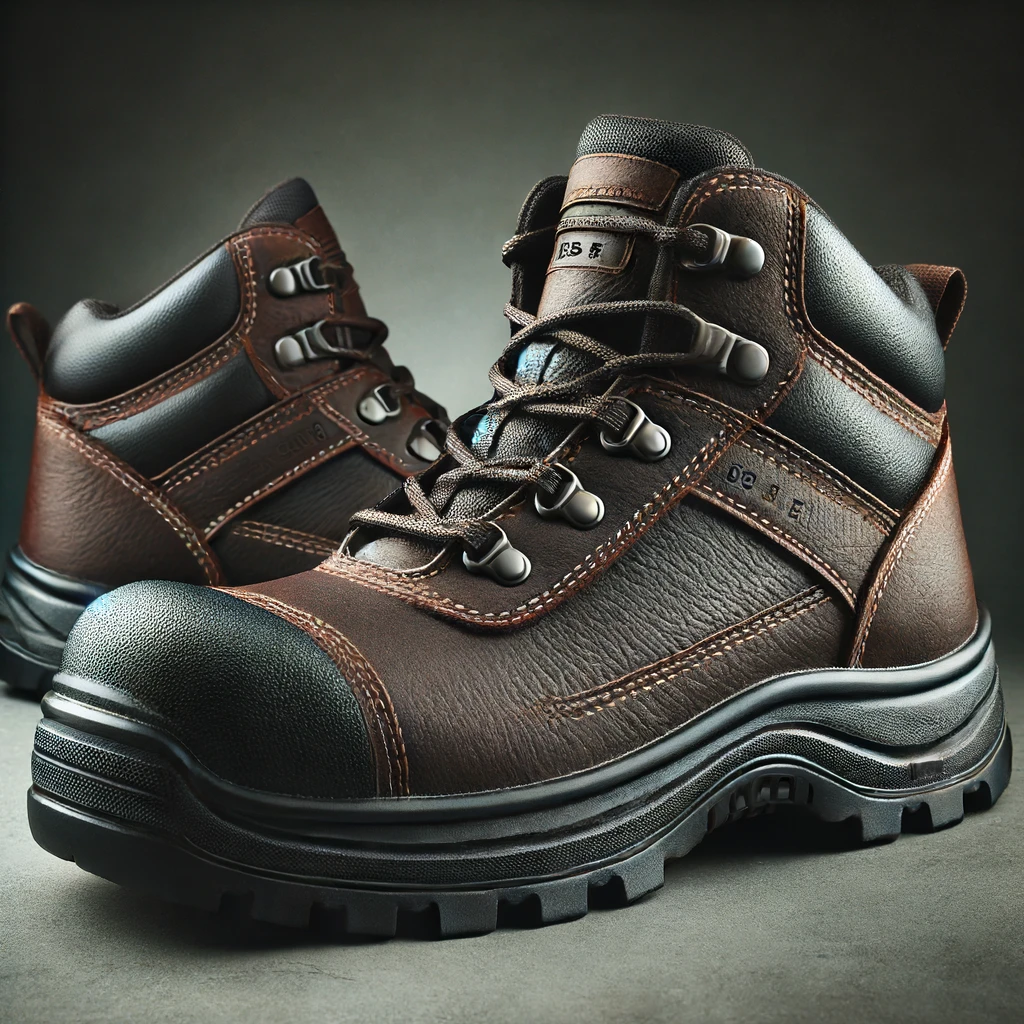 DALL·E 2024 06 18 09.39.58 A robust and functional safety shoe Calcado EP designed for industrial environments. The shoe is dark colored mostly black or brown with a thick l