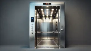 DALL·E 2024 06 18 10.20.20 A passenger elevator with a rectangular cabin typically made of stainless steel or aluminum with a polished or mirrored finish. The automatic doors a