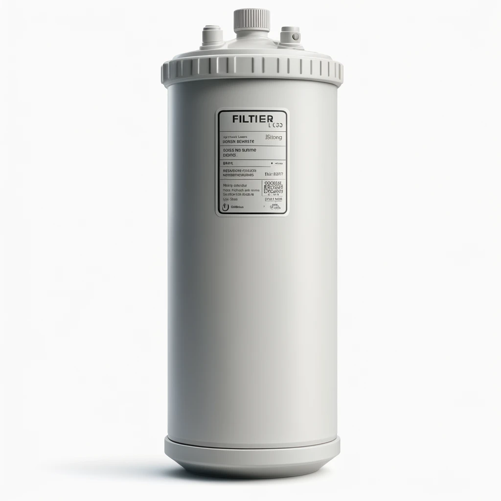 DALL·E 2024 06 19 09.35.52 A simple coalescing filter with a cylindrical shape and smooth painted exterior. The filter has a label with technical specifications and an arrow in