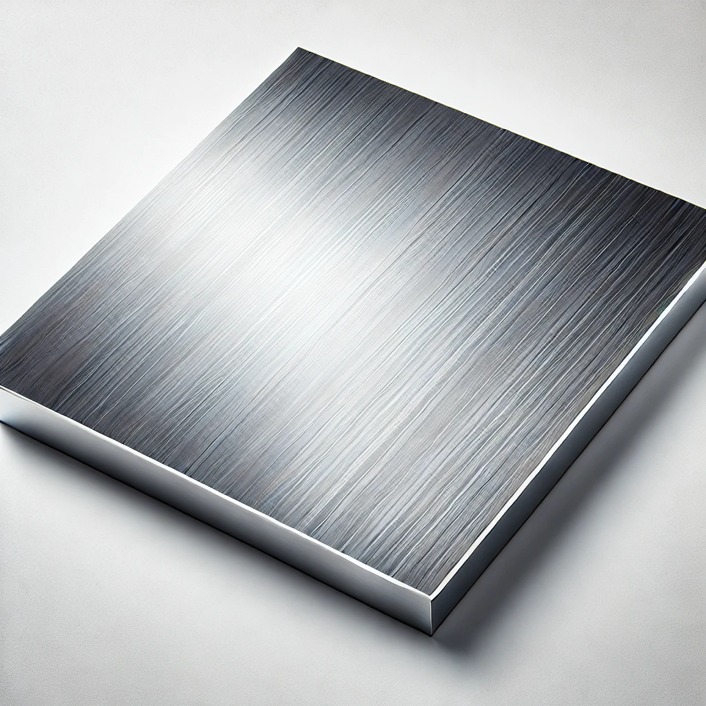 DALL·E 2024 06 19 10.51.28 A sheet of stainless steel with a polished and brushed finish on a white background. The stainless steel has a smooth and shiny surface reflecting li