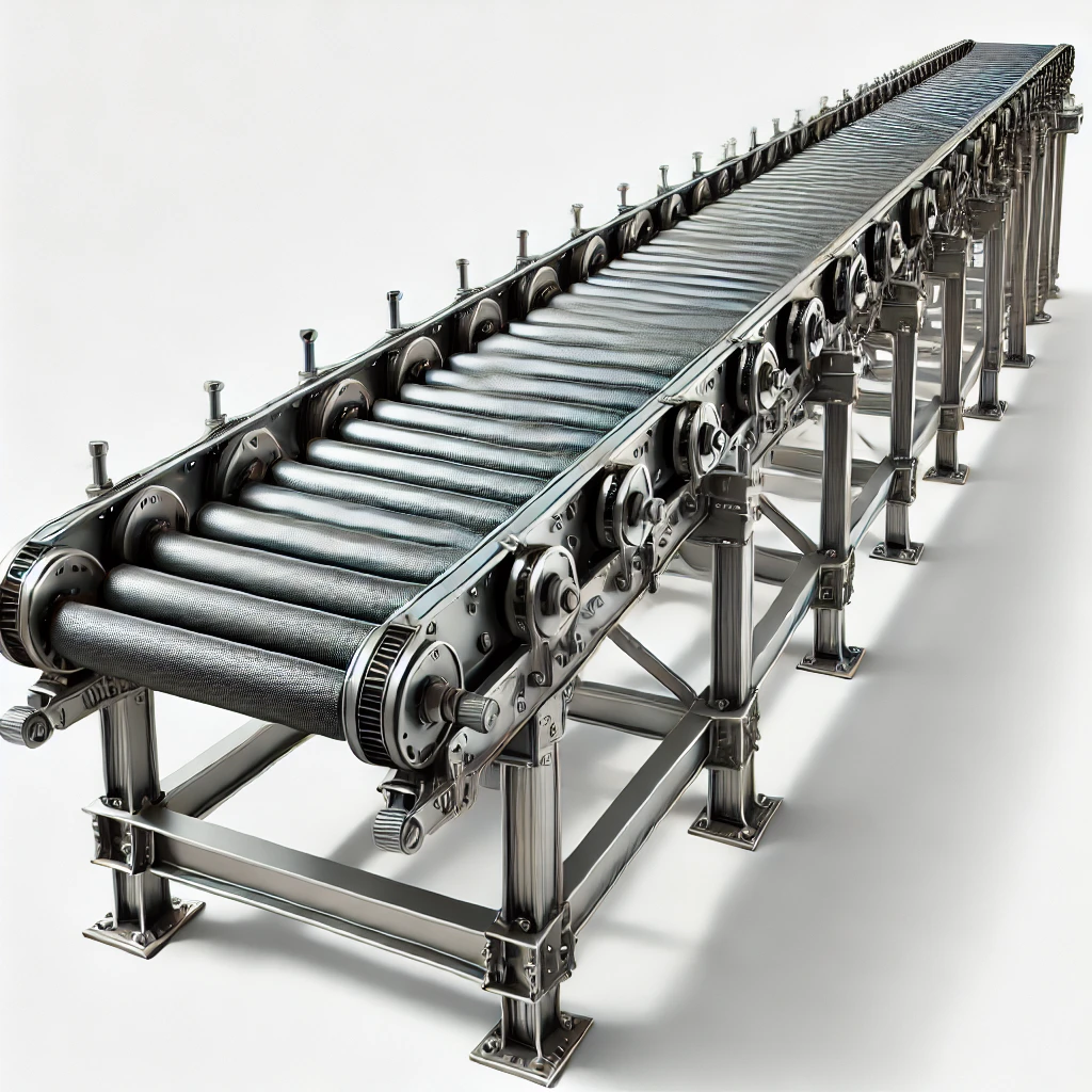 DALL·E 2024 06 19 11.40.48 A long narrow conveyor belt system with a series of aligned metal rollers. The conveyor is supported by a robust steel or aluminum frame with regular