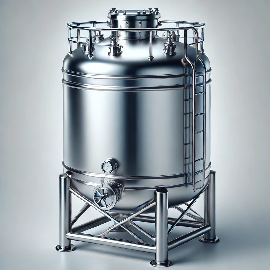 DALL·E 2024 06 20 11.56.40 A stainless steel tank similar to the one shown in the uploaded image. The tank has a smooth polished surface is cylindrical with rounded edges and