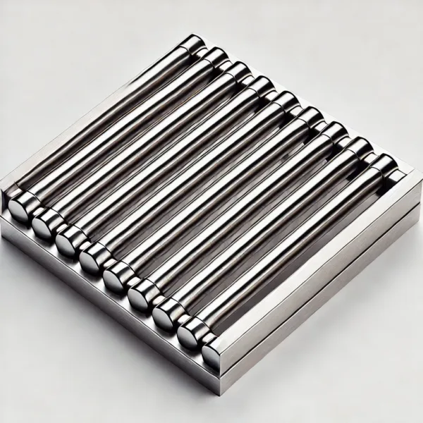 DALL·E 2024 06 21 09.40.07 A magnetic grate similar to the uploaded image consisting of parallel cylindrical stainless steel bars with a smooth shiny surface arranged horizon