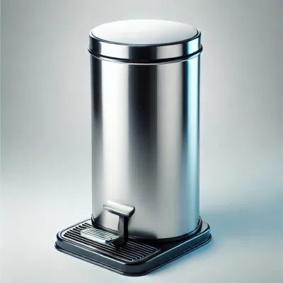 DALL·E 2024 06 24 09.24.06 A modern pedal bin with a cylindrical body made of shiny stainless steel. The bin has a smooth circular lid at the top that lifts gently when the wid