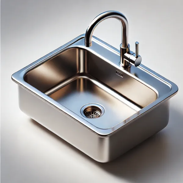 DALL·E 2024 06 26 08.54.48 A stainless steel sink typically used in high hygiene environments like kitchens hospitals and laboratories. The sink should feature a shiny metall