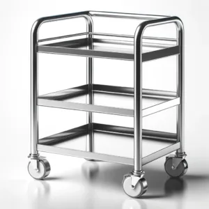 DALL·E 2024 06 03 11.30.45 A stainless steel cart with a white background. The cart has a sleek modern design with two shelves and four caster wheels. The stainless steel surfa