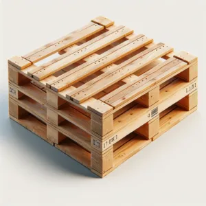 DALL·E 2024 06 04 16.24.22 A wooden pallet robust and rectangular with standardized dimensions of approximately 1.20m x 1.00m. The top structure consists of several evenly spac 1