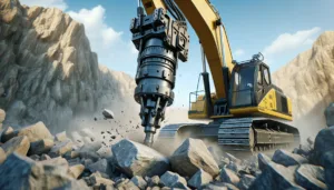 DALL·E 2024 06 04 17.01.57 A realistic scene of a hydraulic breaker attached to an excavator operating on rocky terrain. The excavator is yellow with a long arm holding the robu