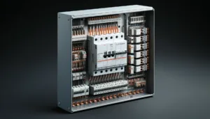 DALL·E 2024 06 04 17.42.25 A detailed image of an electrical distribution board. The board is a rectangular box made of metal with a transparent front door. Inside there are ro