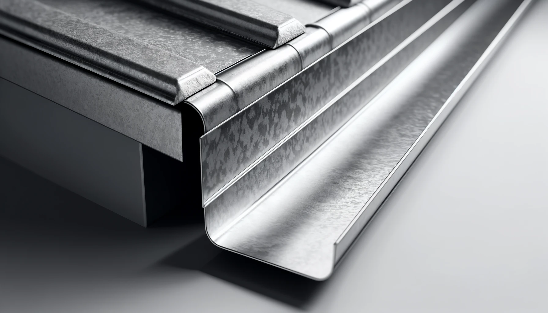 DALL·E 2024 06 06 12.40.15 A highly realistic image of a galvanized flashing and gutter system in a standard rooftop installation. The metal surface is textured and reflective