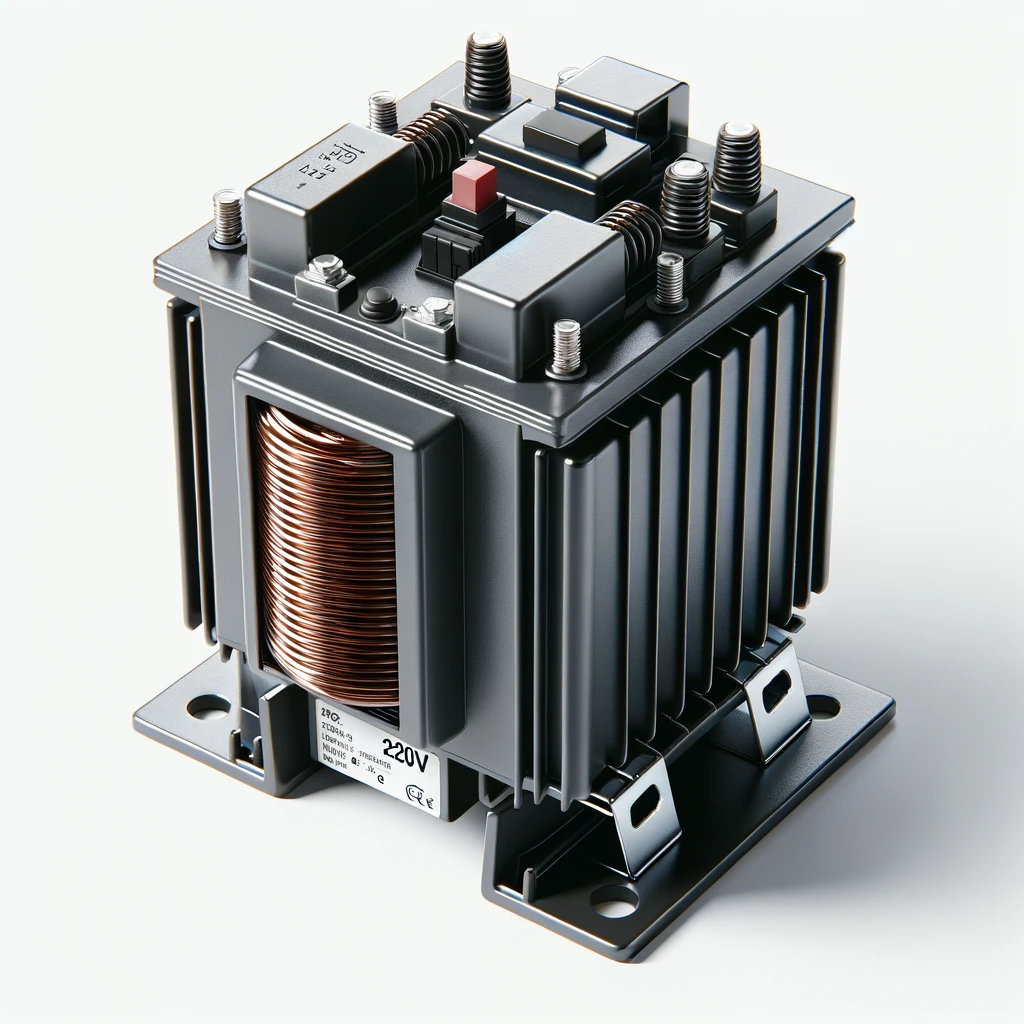 DALL·E 2024 06 11 16.25.03 A detailed image of a transformer similar to the one in the provided image on a white background. The transformer has a black outer casing with a com