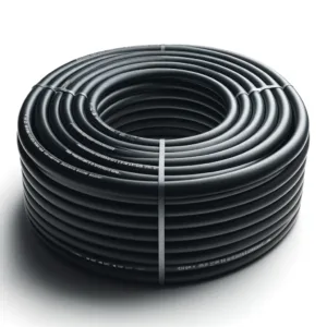 DALL·E 2024 06 12 09.18.30 A polyethylene hose on a white background. The hose is black with a smooth and flexible surface having a uniform wall thickness. The ends are cleanly