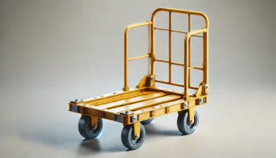 DALL·E 2024 06 17 13.33.53 A yellow industrial cart with a sturdy metal frame and a flat platform. The cart has four large durable wheels with two swivel wheels at the front a