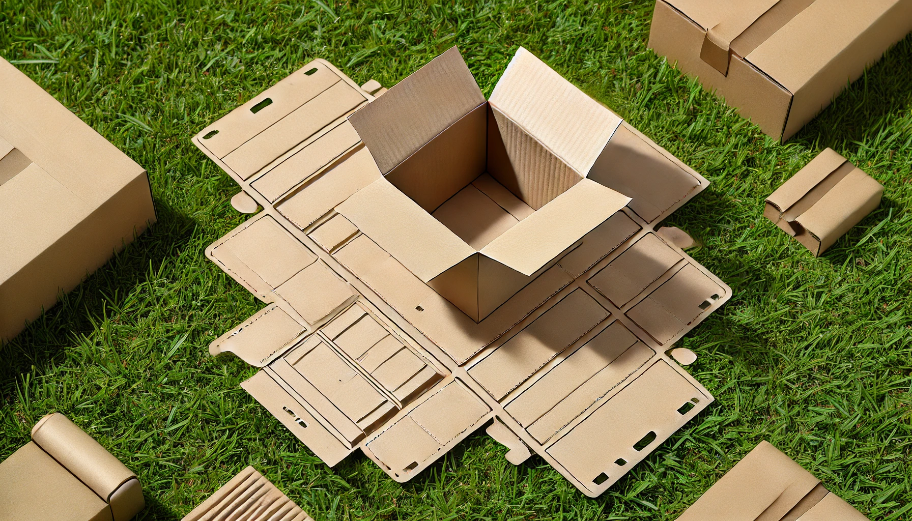 DALL·E 2024 06 21 08.57.14 A die cut and creased cardboard sheet with a partially assembled box on a grassy background. The sheet has precise cuts and creases forming the shape