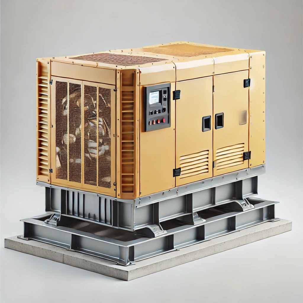 DALL·E 2024 06 21 09.51.01 A robust and voluminous energy generator set mounted on a steel base. It is encased in a metal cover painted in a color like yellow with a compact a