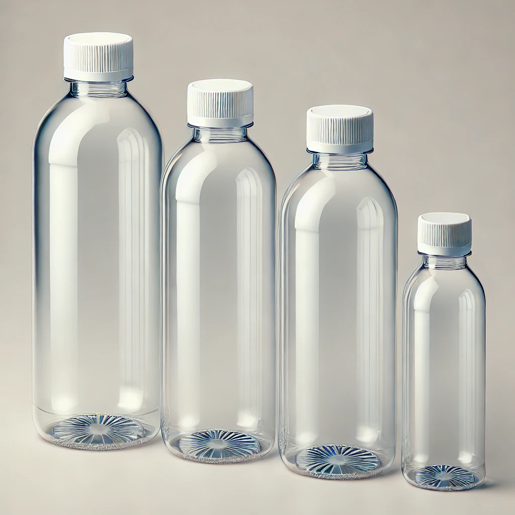 DALL·E 2024 06 24 09.49.00 A set of four clear plastic bottles with white screw caps varying in size from small to large. The bottles have a cylindrical shape with smooth surfa