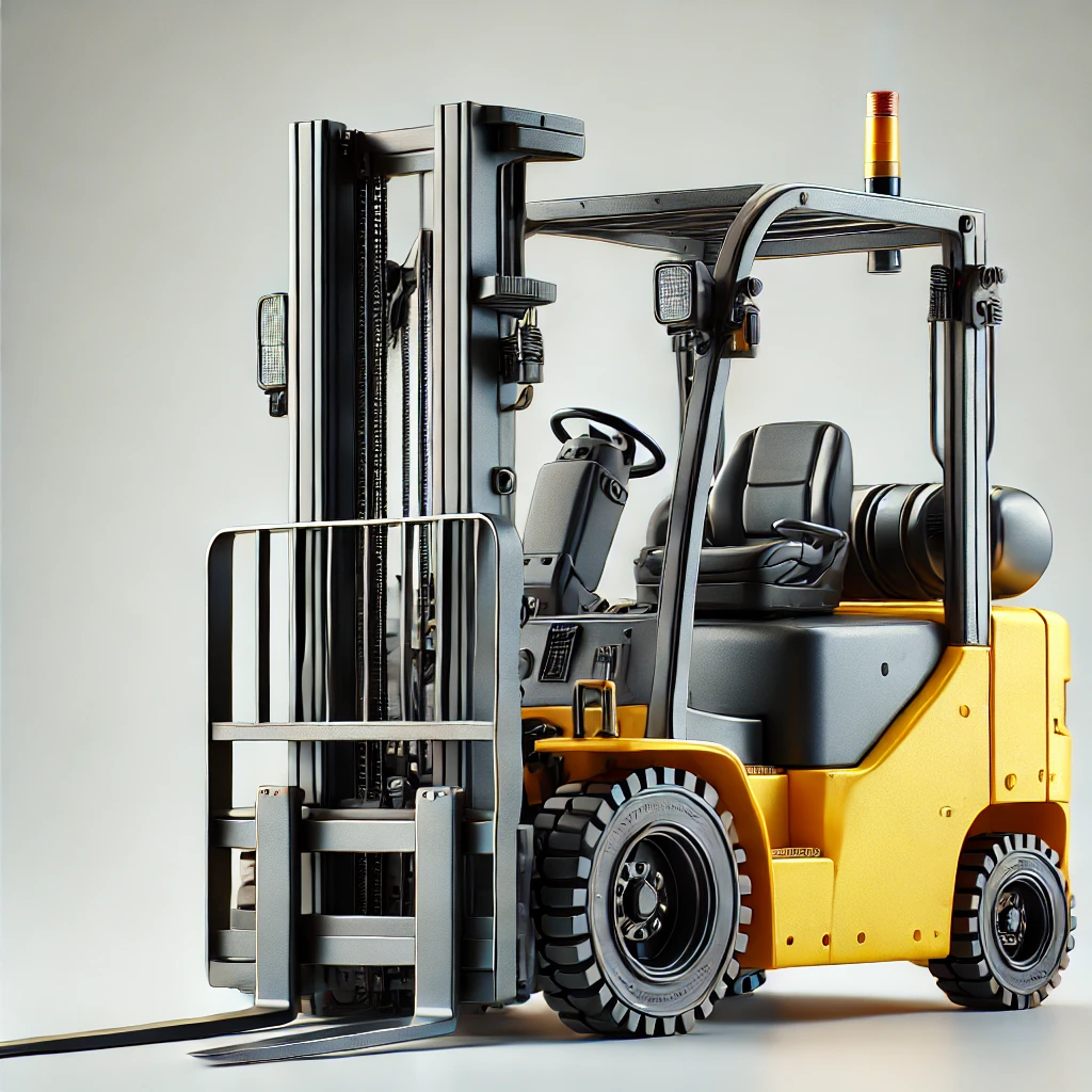 DALL·E 2024 06 26 13.07.50 A realistic depiction of an industrial forklift. The forklift has a compact and sturdy metallic structure painted in bright yellow for visibility. It