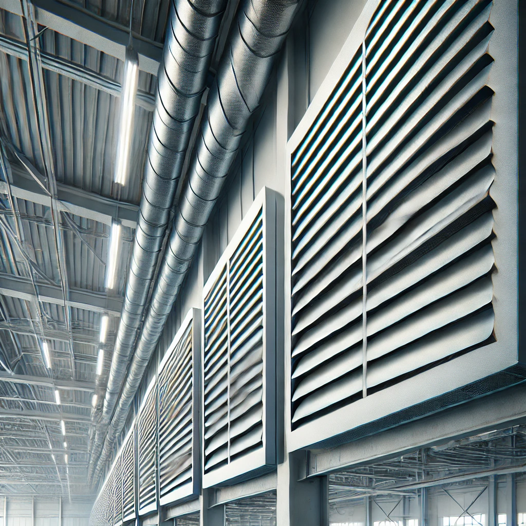 DALL·E 2024 06 26 17.31.48 A row of industrial louvered vents installed in the wall of a large indoor space. The vents have horizontal inclined slats made of aluminum or steel