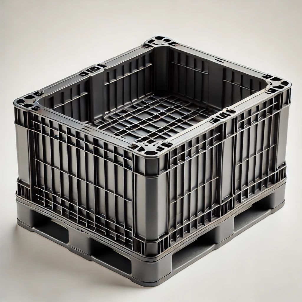 DALL·E 2024 06 26 17.52.55 A robust rotomolded pallet box made of high density polyethylene with a rectangular shape and slightly rounded corners. The box is black with thick s