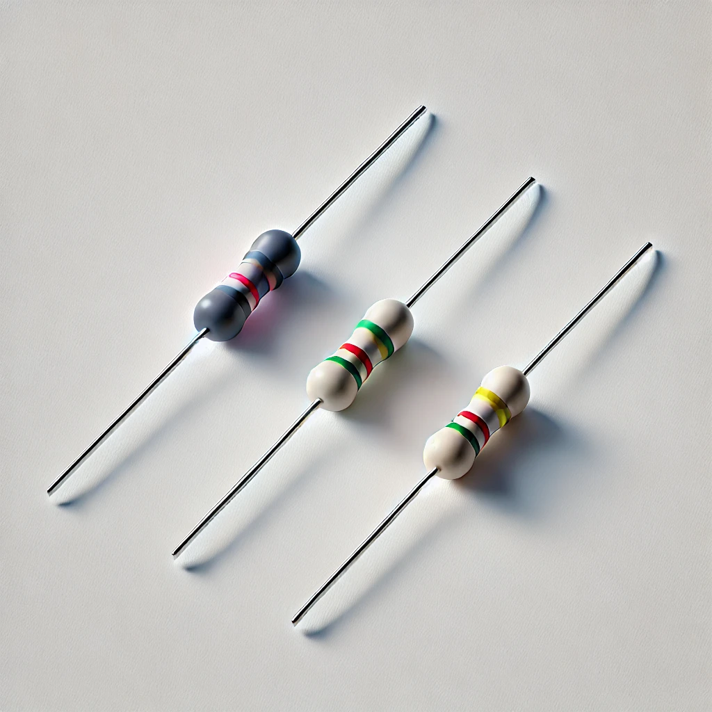 DALL·E 2024 06 27 15.10.03 A minimalist image of three axial resistors with colored bands on a white background. The resistors should be simple and clean showing only the essen