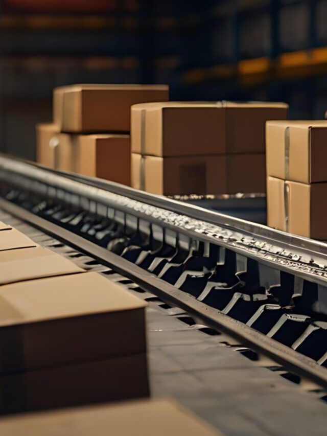Vertical image of logistic distribution centre warehouse rows of multiple cardboard packages moving along a conveyor belt