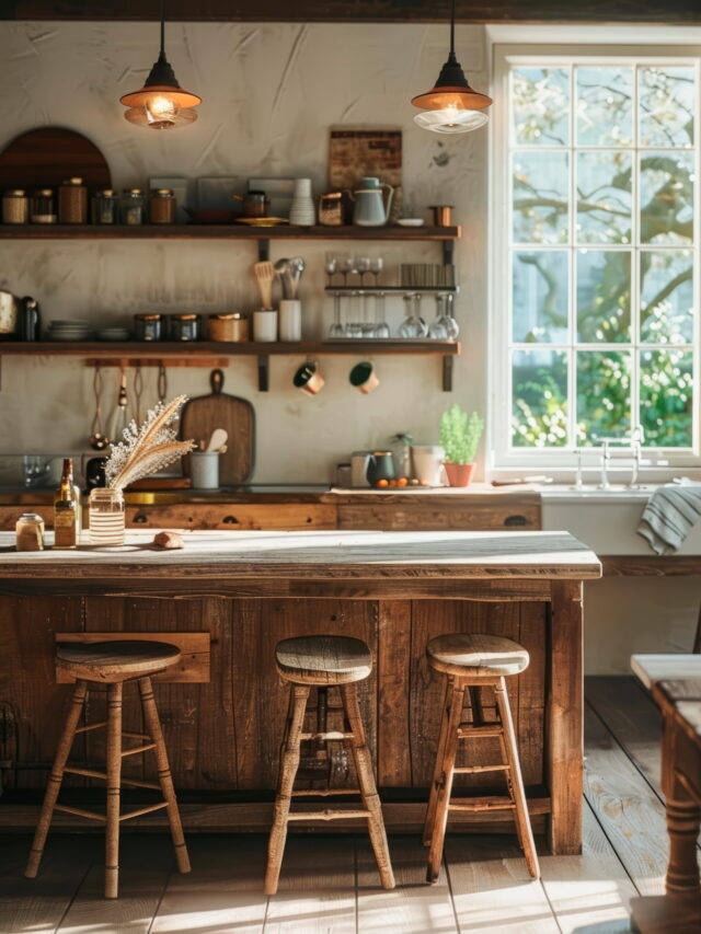 Rustic farmhouse kitchen with vintage fixtures and reclaimed wood morning light