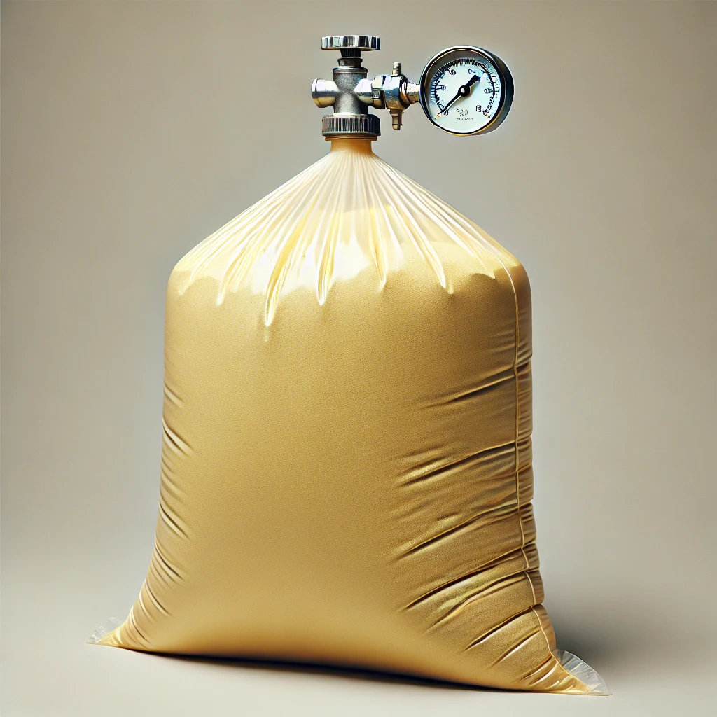 DALL·E 2024 07 08 10.35.54 A simple image of a large transparent plastic bag filled with a yellowish granular substance. The bag is attached to a detailed metal valve at the to