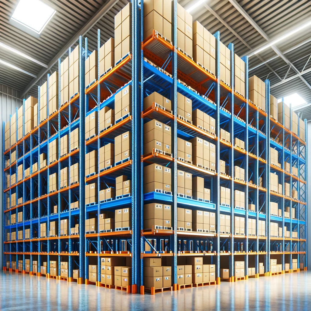 DALL·E 2024 07 12 09.17.54 A warehouse with high shelves stacked with large boxes resembling the uploaded image. The shelves are blue and orange with several rows of boxes sto