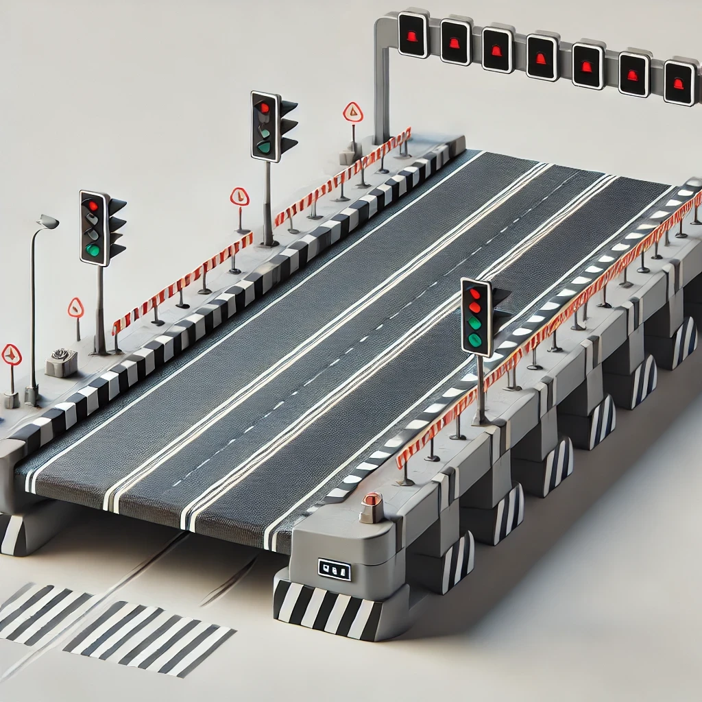 DALL·E 2024 07 12 11.11.44 A realistic depiction of a road weighbridge balanca rodoviaria similar to the uploaded image. The weighbridge is a long flat platform designed for